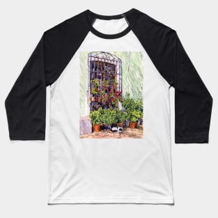Window with flowerpots and cat, Bentarique. Baseball T-Shirt